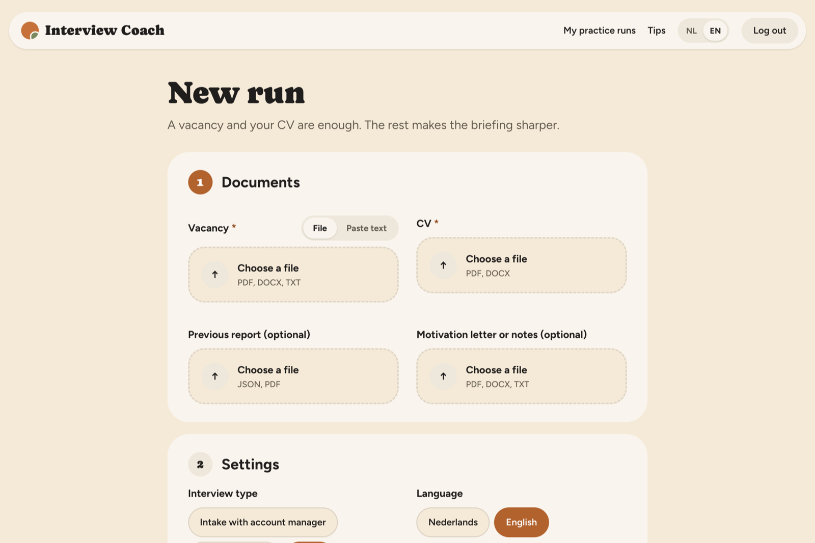 The new-round form: upload the vacancy and CV, choose interview type, language, length and difficulty.