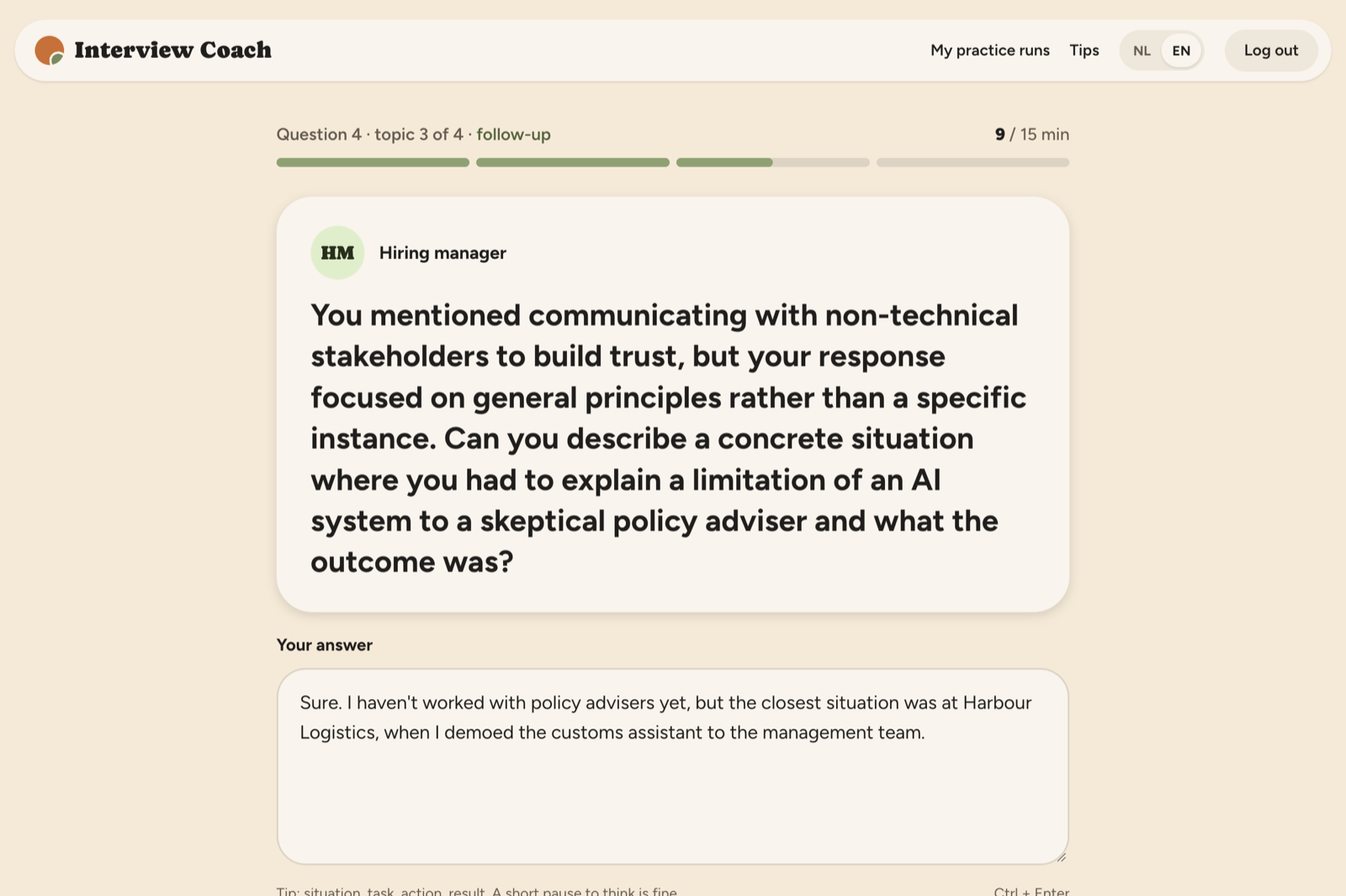 The interview screen: the interviewer asks a follow-up on the candidate's previous answer.
